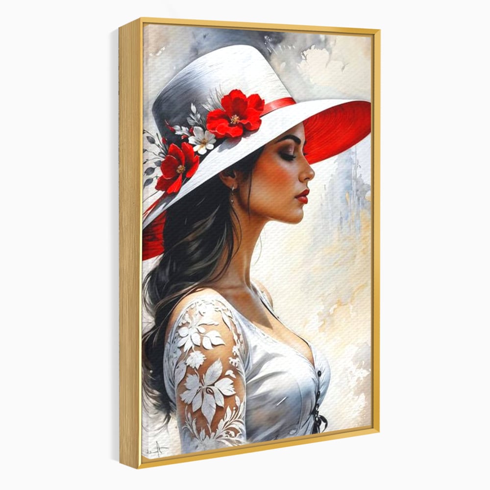 Tablou canvas cu tablou canvas cu profil de doamna, in rama de aluminiu auriu